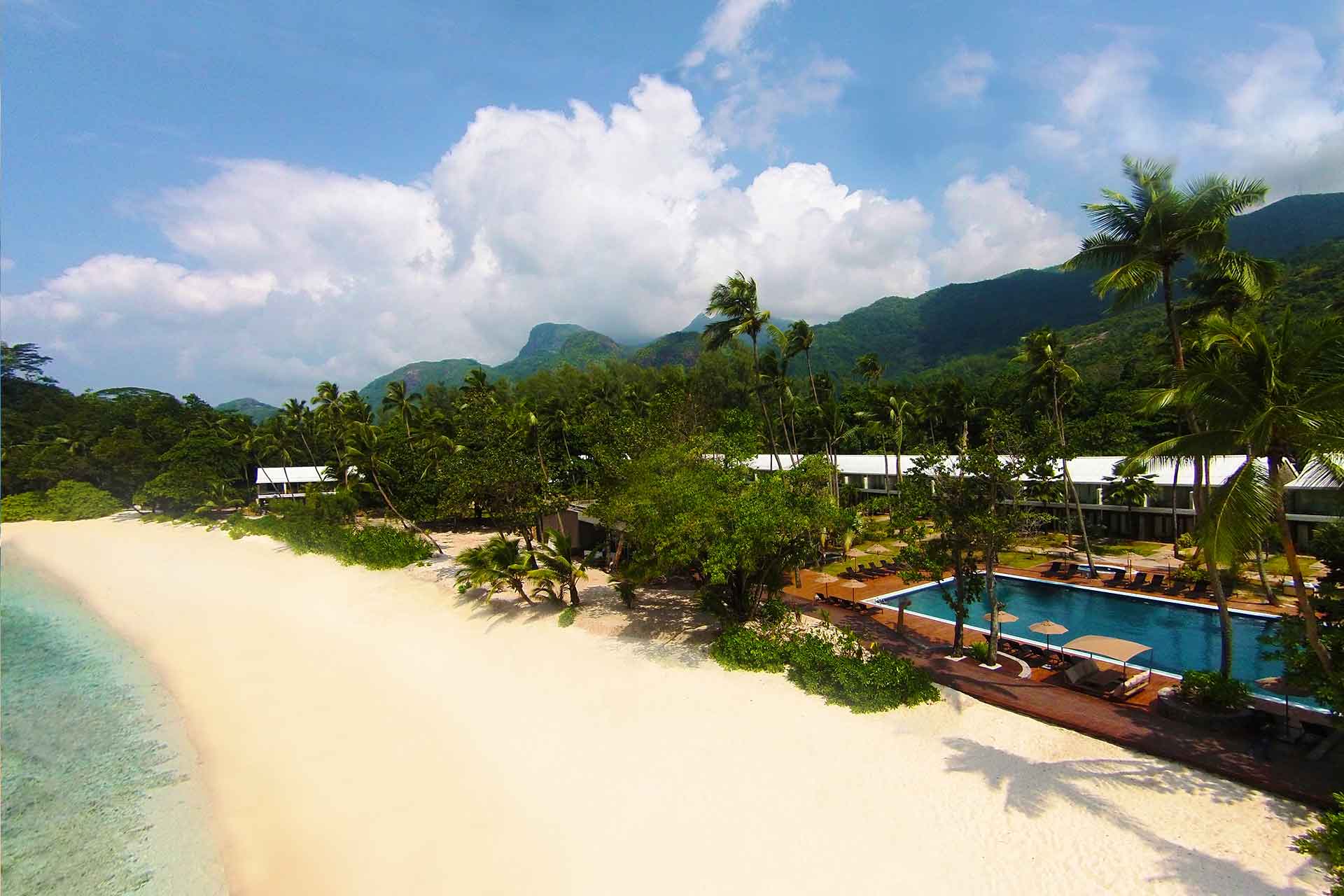 Aerial view of AVANI Seychelles beach front